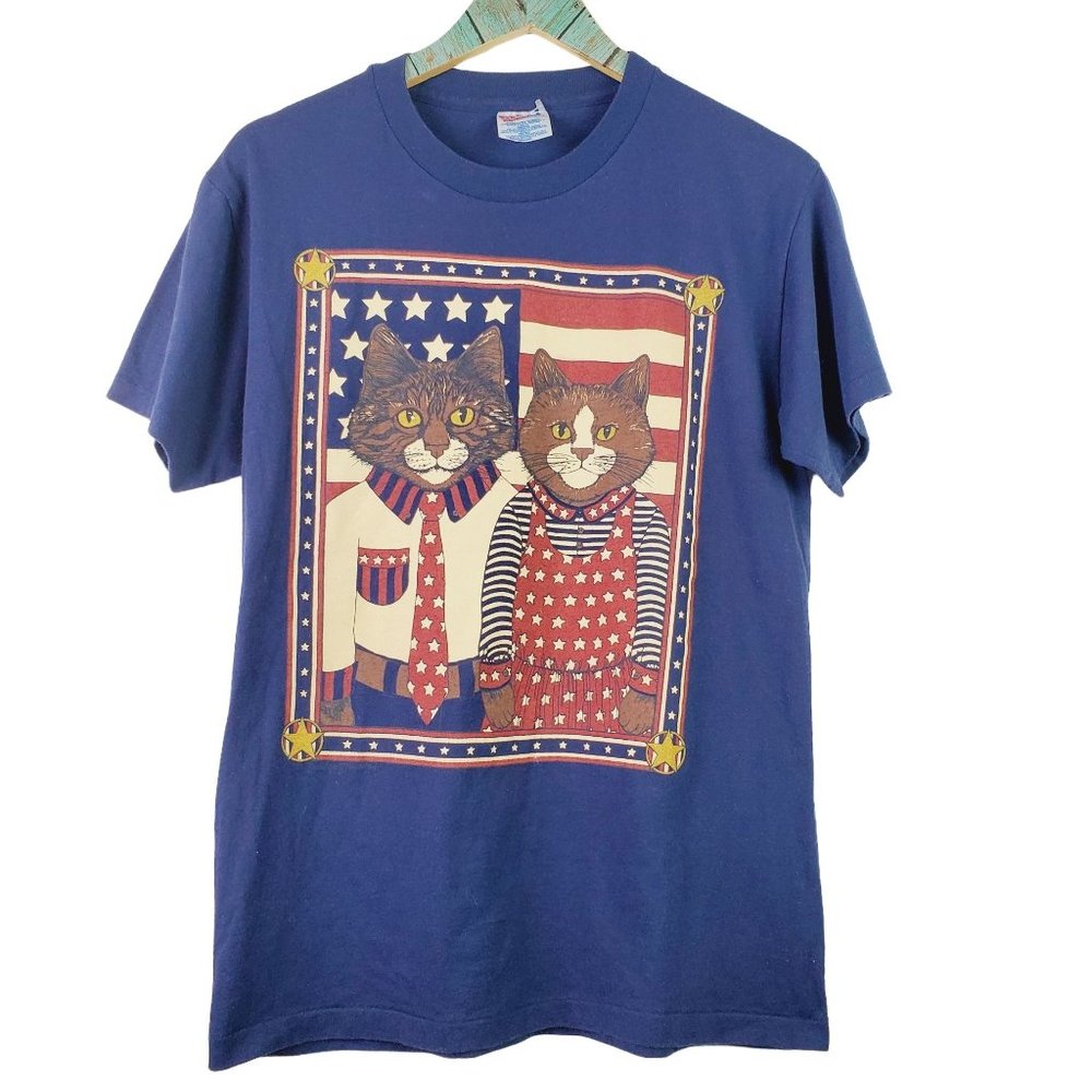 Vtg 90's American Male Female Cat Portrait American Gothic-esque T-shirt Sz M